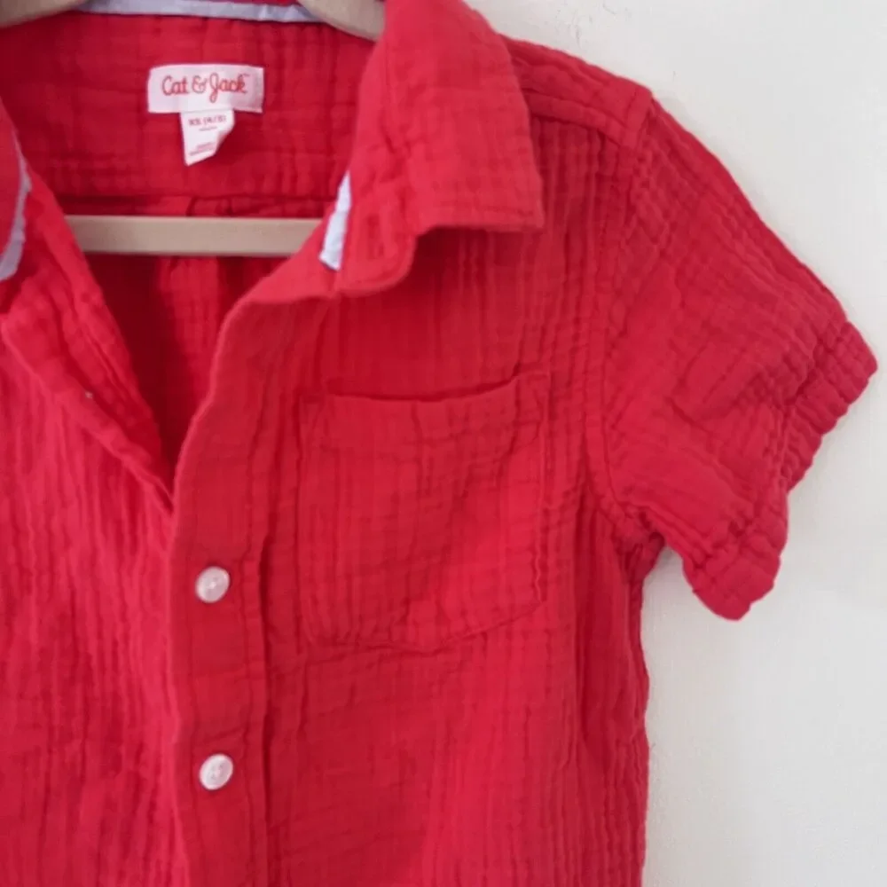 Cat & Jack Boys Button Up Light weight 100% Cotton Linen Style Red Shirt - XS - Picture 3 of 6